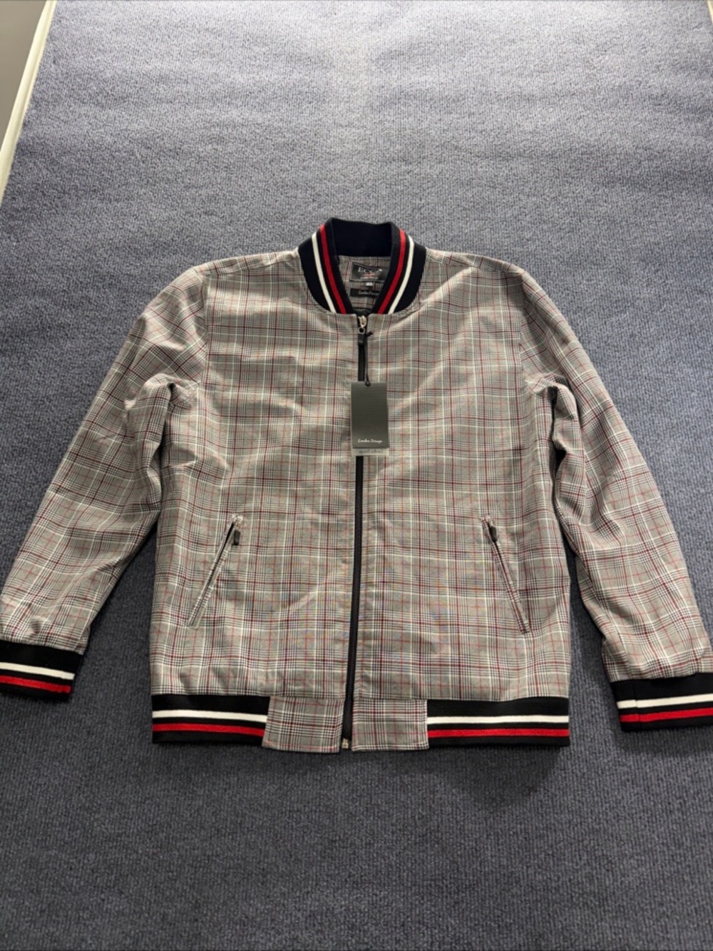 Plaid Bomber Jacket with Contrast Stripe Ribbing - Gray/Red